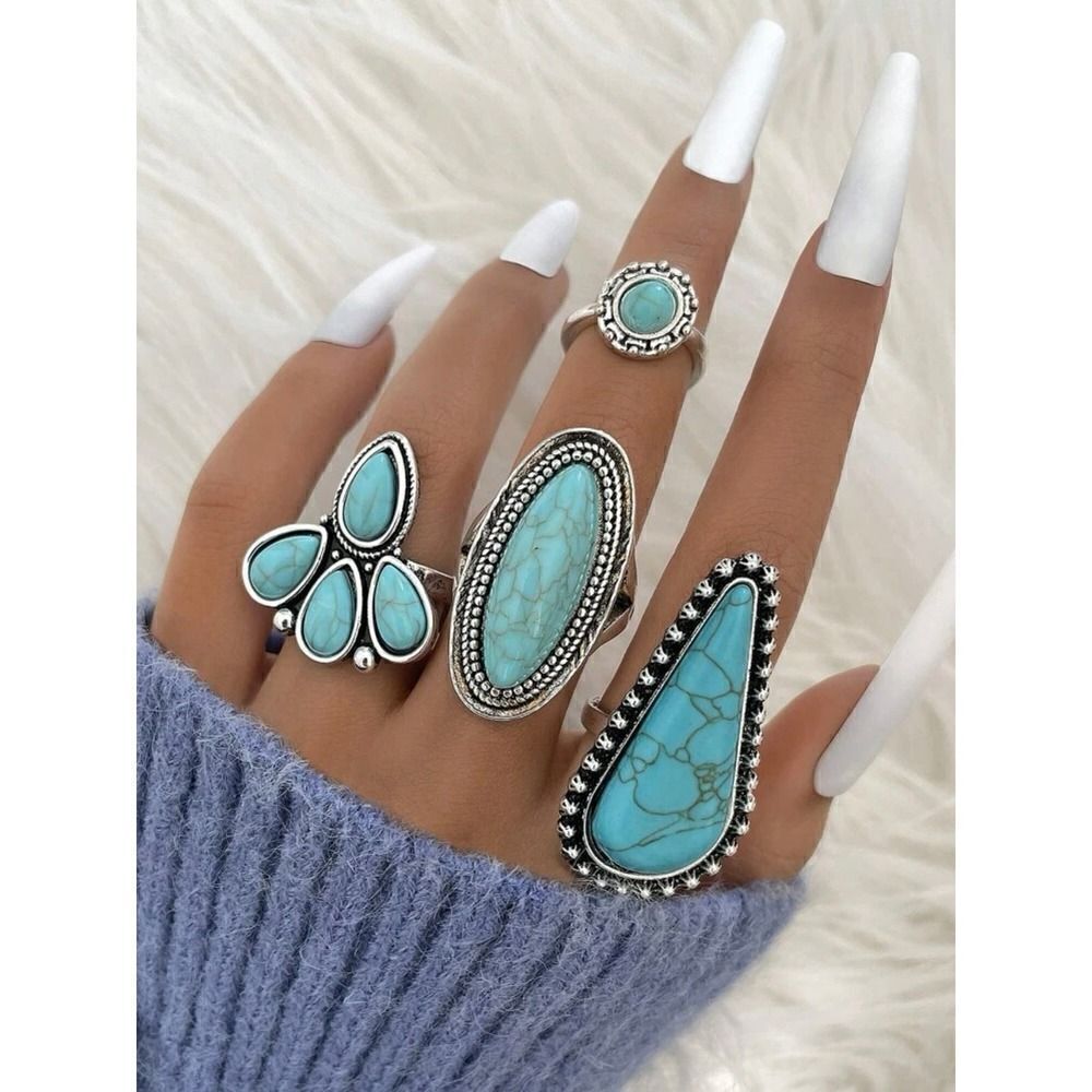 Simple and Elegant Blue Turquoise Water Teardrop Ring Set varied size